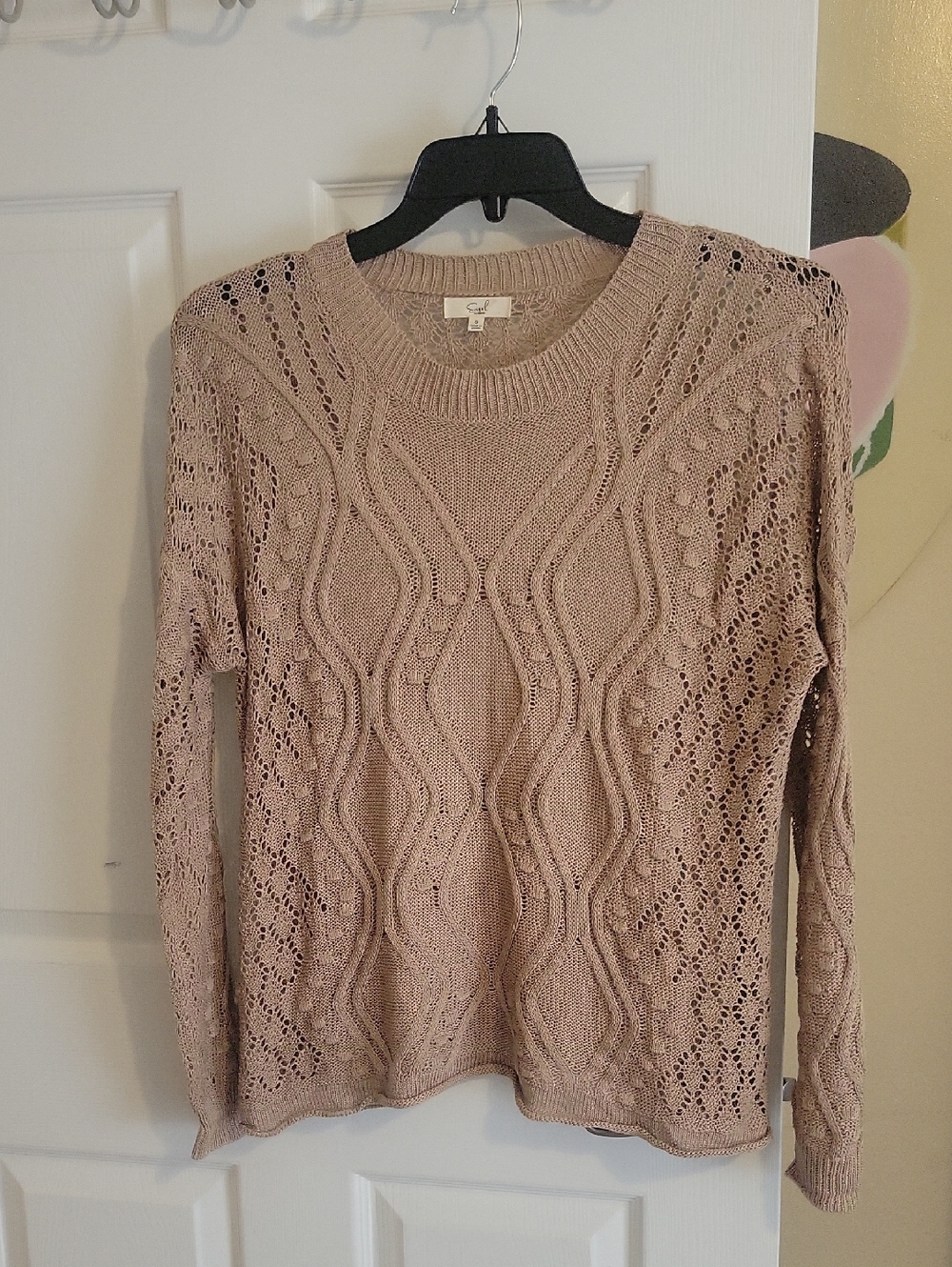 easel SzSm Tan Open-Knit Cable & Lace Crewneck Crochet top